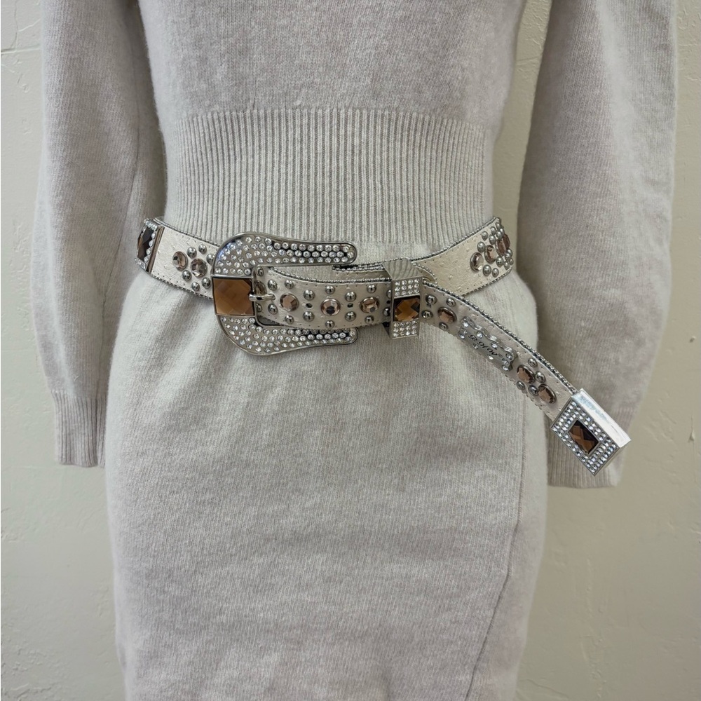 White Leather Belt with Ornate Buckle and Silver and Brown Rhinestones
